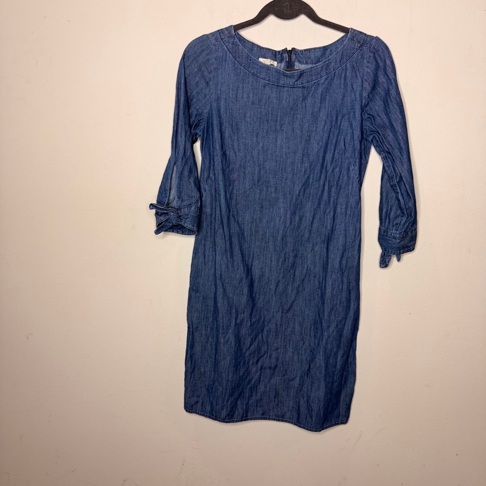 Talbots Shift Dress Womens 4 Blue Chambray Cotton Tie Sleeve Boat Neck